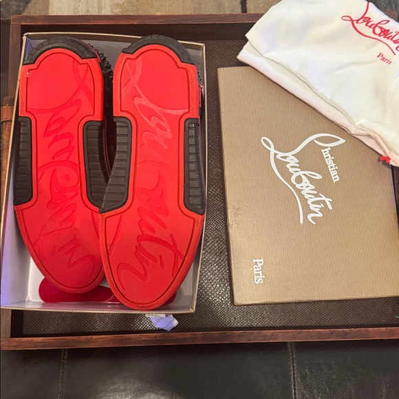 Christian Louboutin Black and Red Spiked Sneakers - Picture 2 of 5